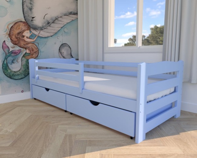 błękitne łóżko dla dzieci Sylwia Premium, nowoczesne łóżko do pokoju dziecięcego, łóżko z szufladami na pościel od producenta Valor Meble kolor błękitny.jpg