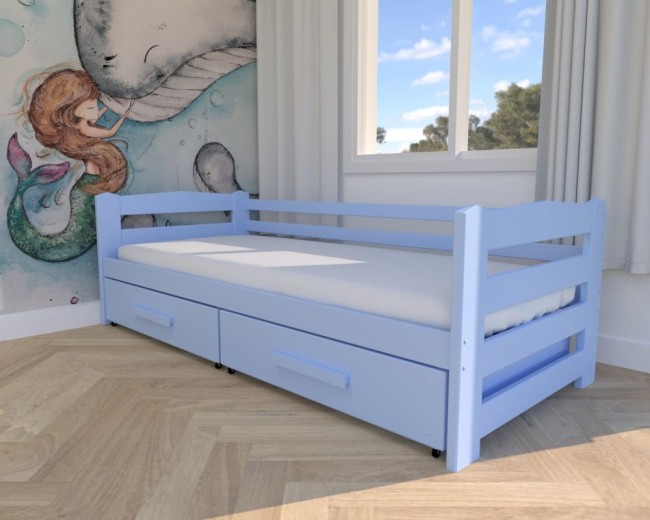 błękitne łóżko dla dzieci Sylwia Premium, nowoczesne łóżko do pokoju dziecięcego, pojedyncze łóżko z szufladami na pościel od producenta Valor Meble kolor błękit.jpg