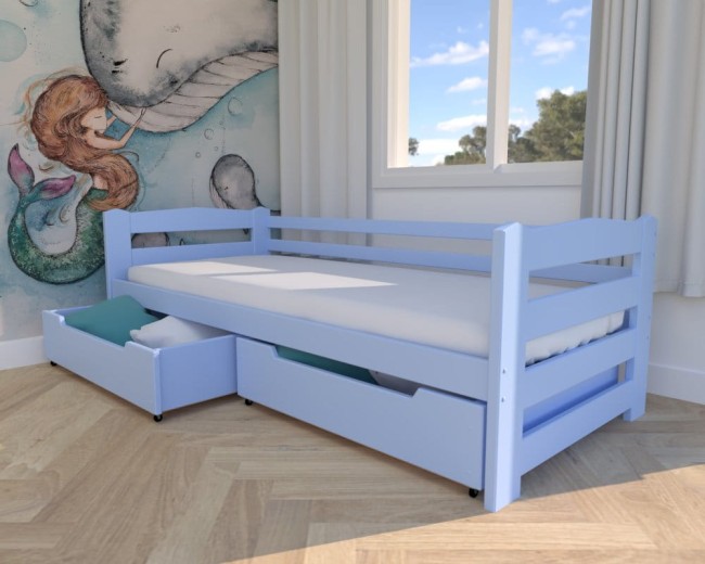 łóżko dla dzieci i młodzieży Sylwia Premium, nowoczesne łóżko do pokoju dziecięcego, łóżko z szufladami na pościel od producenta Valor Meble kolor błękit.jpg