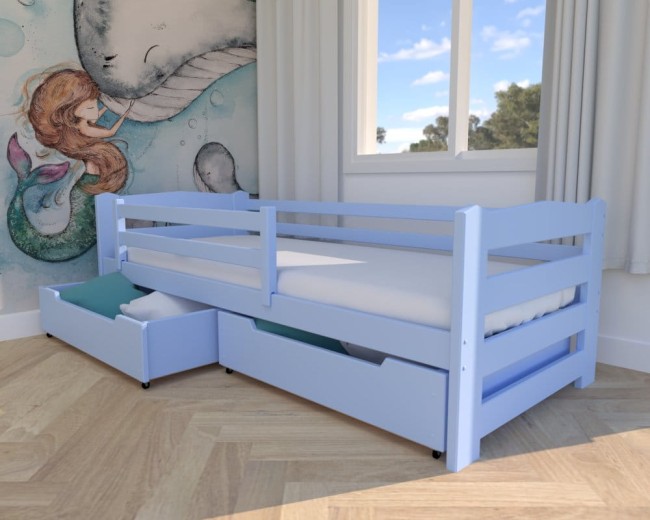 łóżko dla dzieci Sylwia Premium, nowoczesne łóżko do pokoju dziecięcego, łóżko z szufladami na pościel od producenta Valor Meble kolor błękit.jpg