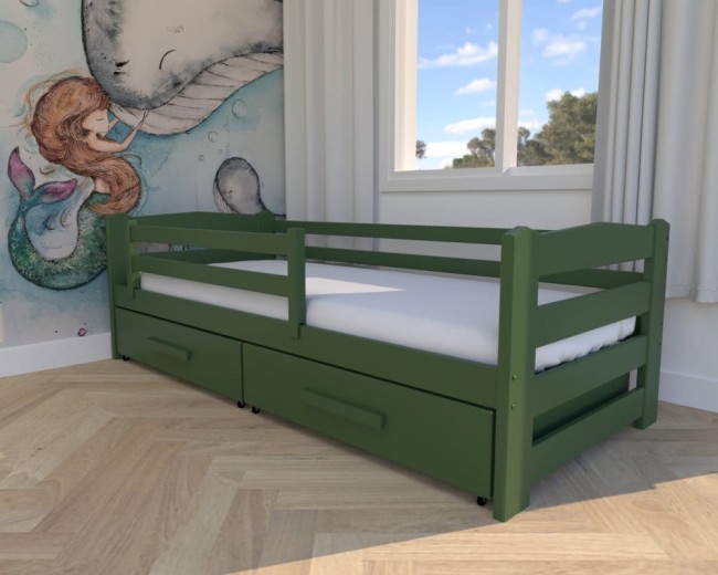 błękitne łóżko dla dzieci Sylwia Premium, nowoczesne łóżko do pokoju dziecięcego, łóżko z szufladami na pościel od producenta Valor Meble kolor butelkowa zieleń.jpg