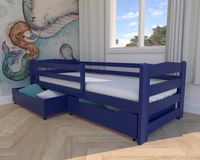 łóżko dla dzieci Sara Premium, łóżko granatowe, nowoczesne łóżko do pokoju dzieci, łóżko z szufladami na pościel, wybór wykończenia szuflad od producenta Valor Meble.jpg