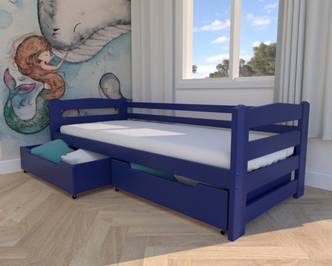 łóżko granatowe Sara Premium, łóżko dla dzieci, nowoczesne łóżko do pokoju dzieci, łóżko z szufladami na pościel, wybór wykończenia szuflad od producenta Valor Meble.jpg