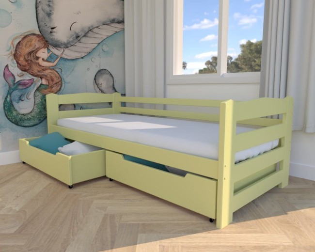 łóżko dla dziecka Sylwia Premium od producenta Valor Meble,nowoczesne łóżko do pokoju dziecięcego, drewniane solidne łóżko z szufladami na pościel, pastelowy żółty.jpg