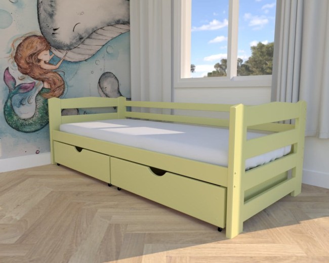 łóżko dla dziecka Sylwia Premium od producenta Valor Meble,nowoczesne łóżko do pokoju dziecięcego,żółte  drewniane solidne łóżko z szufladami na pościel.jpg