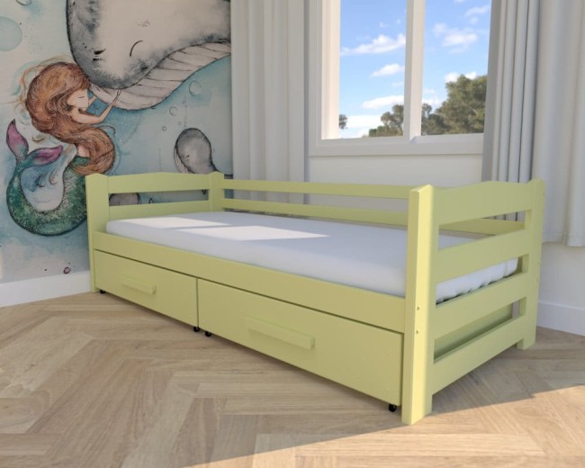 łóżko dla dziecka Sylwia Premium od producenta Valor Meble,żółte nowoczesne łóżko do pokoju dziecięcego, drewniane solidne łóżko z szufladami na pościel.jpg