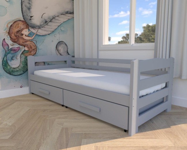 łóżko dla dzieci Sylwia Premiu łóżko pojedyncze, nowoczesne łóżko do pokoju dziecięcego, drewniane popielate łóżko z szufladą na pościel od producenta Valor Meble.jpg