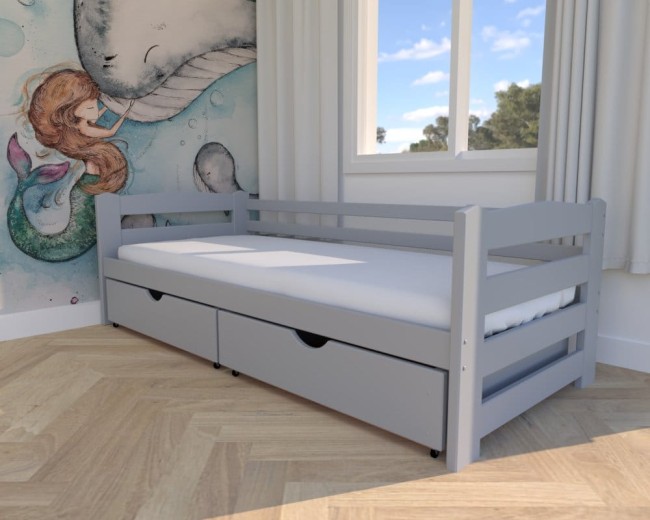 łóżko dla dzieci Sylwia Premiu łóżko pojedyncze, popielate nowoczesne łóżko do pokoju dziecięcego, drewniane łóżko z szufladą na pościel od producenta Valor Meble.jpg