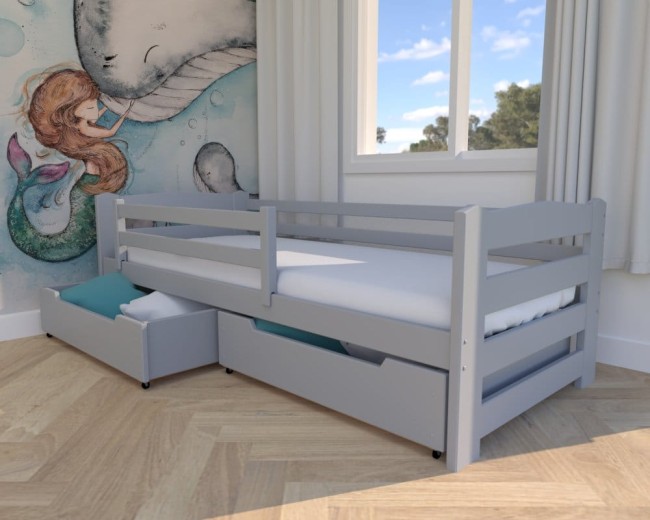 popielate łóżko dla dzieci Sylwia Premiu łóżko pojedyncze, nowoczesne łóżko do pokoju dziecięcego, drewniane łóżko z szufladą na pościel od producenta Valor Meble.jpg