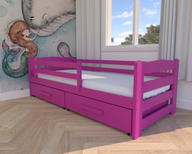 różowe łóżko dziecięce Sylwia Premium, nowoczesne łóżko do pokoju dziewczynki, łóżko z drewnianymi szufldami na pościel od producenta Valor Meble.jpg