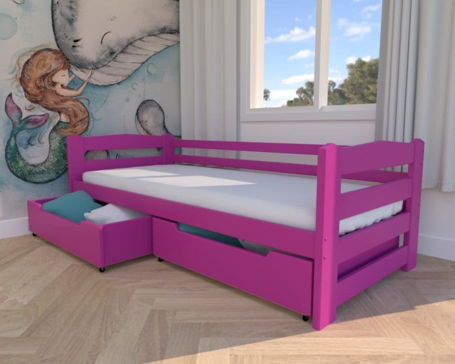 różowe łóżko dziewczęce Sylwia Premium, nowoczesne łóżko do pokoju dziewczynki, łóżko z drewnianymi szufldami na pościel od producenta Valor Meble.jpg
