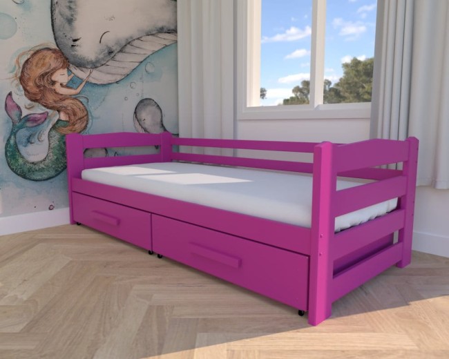 różowe łóżko Sylwia Premium, nowoczesne łóżko do pokoju dziewczynki, łóżko z drewnianymi szufldami na pościel od producenta Valor Meble.jpg