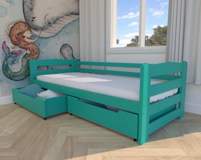 łóżko dla dziecka Sylwia Premium, nowoczesne łóżko do pokoju dziecięcego, łóżko z szufladami na pościel, drewniane łóżko od proucenta Valor Meble kolor turkusowy.jpg