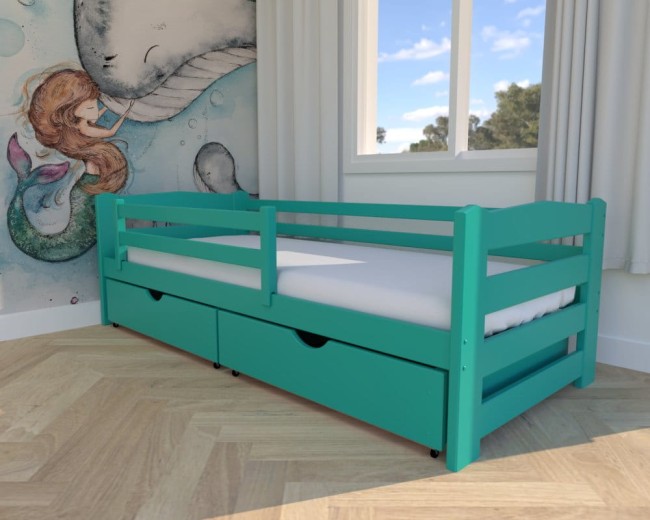 łóżko dla dziecka Sylwia Premium, nowoczesne łóżko do pokoju dziecięcego, łóżko z szufladami na pościel,turkusowe drewniane łóżko od proucenta Valor Meble kolor turkusowy.jpg