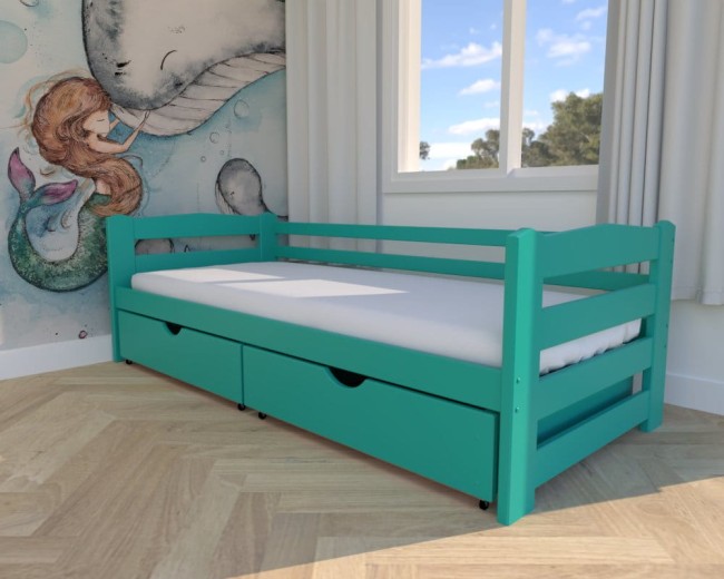 łóżko dla dziecka Sylwia Premium,turkusowe  nowoczesne łóżko do pokoju dziecięcego, łóżko z szufladami na pościel, drewniane łóżko od proucenta Valor Meble.jpg