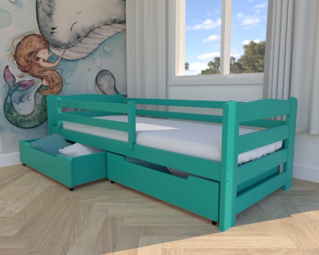 turkusowe łóżko dla dziecka Sylwia Premium, nowoczesne łóżko do pokoju dziecięcego, łóżko z szufladami na pościel, drewniane łóżko od proucenta Valor Meble.jpg