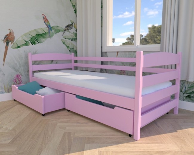 łóżko dziecięce Kasia Premium,  drewniane łóżko pojedyncze do pokoju dziecięcego, pastelowe łóżko z szufladami na pościel od producenta Valor Meble.jpg