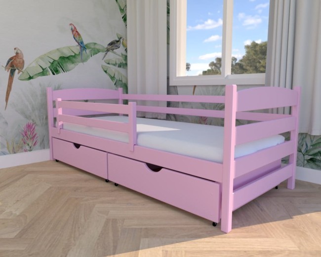 różowe łóżko dziecięce Kasia Premium,  drewniane łóżko pojedyncze do pokoju dziecięcego, białe łóżko z szufladami na pościel od producenta Valor Meble.jpg