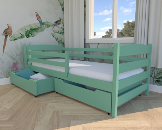 łóżko chłopięce Kasia Premiu,nowoczesne łóżko do pokoju dziecięcego, bezpieczne łóżko z barierką i szufladą na pościel od Valor Meble kolor mięta.jpg