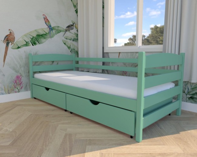 łóżko dla chłopca Kasia Premiu,nowoczesne łóżko do pokoju dziecięcego, bezpieczne łóżko z barierką i szufladą na pościel od Valor Meble kolor mięta.jpg