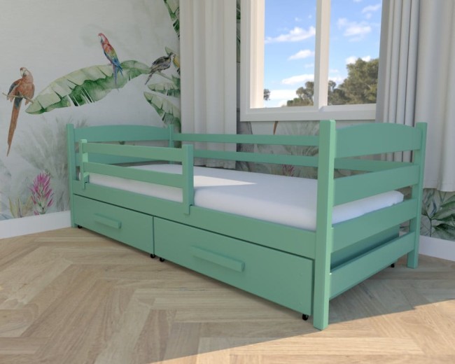 łóżko dla dzieci Kasia Premiu,nowoczesne łóżko do pokoju dziecięcego, bezpieczne łóżko z barierką i szufladą na pościel od Valor Meble kolor mięta.jpg