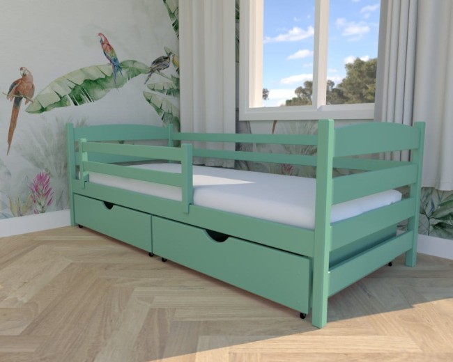 łóżko dla dziewczynki Kasia Premiu,nowoczesne łóżko do pokoju dziecięcego, bezpieczne łóżko z barierką i szufladą na pościel od Valor Meble kolor mięta.jpg