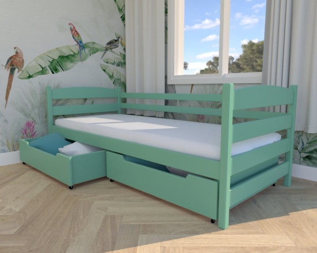 łóżko dziewczęce Kasia Premiu,nowoczesne łóżko do pokoju dziecięcego, bezpieczne łóżko z barierką i szufladą na pościel od Valor Meble kolor mięta.jpg