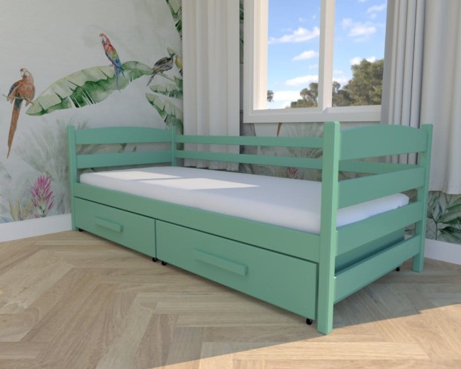 łóżko dla chłopca i dziewczy Kasia Premiu,nowoczesne łóżko do pokoju dziecięcego, bezpieczne łóżko z barierką i szufladą na pościel od Valor Meble kolor mięta.jpg