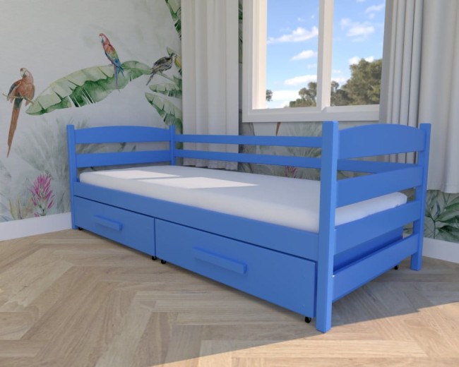 łóżko dla dzieci Kasia Premium,  nowoczesne łóżko do pokoju dziecka  , drewniane łóżko z szufladą na pościel niebieskie od producenta Valor Meble.jpg