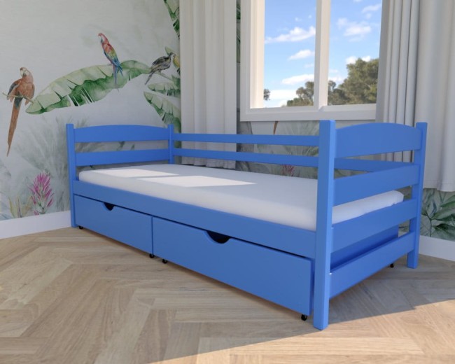 łóżko dla dzieci Kasia Premium, nowoczesne łóżko do pokoju dziecka, drewniane łóżko z szufladą na pościel od producenta Valor Meble w kolorze niebieskim.jpg
