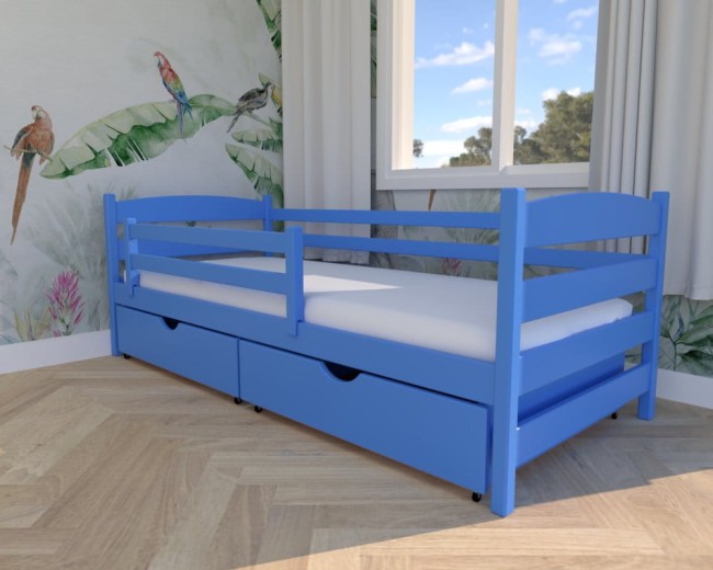 łóżko dla dzieci Kasia Premium, nowoczesne łóżko do pokoju dziecka, drewniane łóżko z szufladą na pościel od producenta Valor Meblew kolorze niebieskim.jpg