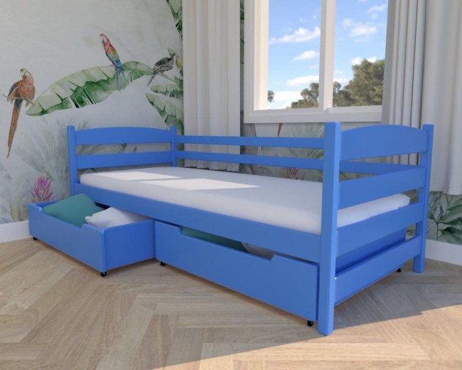 niebieskie łóżko dla dzieci Kasia Premium, nowoczesne łóżko do pokoju dziecka  , drewniane łóżko z szufladą na pościel od producenta Valor Meble.jpg