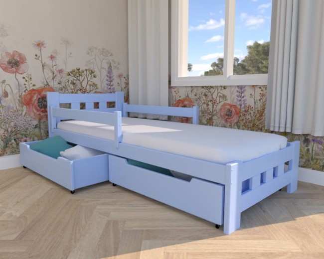 Łóżko chłopięce Paweł Premium,klasyczne łóżko drewniane z szufladami na pościel, łóżko z materacem od producenta Valor Meble kolor błękitny.jpg