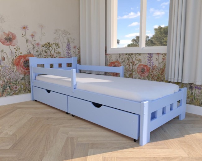 Łóżko dziecięce Paweł Premium,klasyczne łóżko drewniane z szufladami na pościel, łóżko z materacem od producenta Valor Meble kolor błękitny.jpg