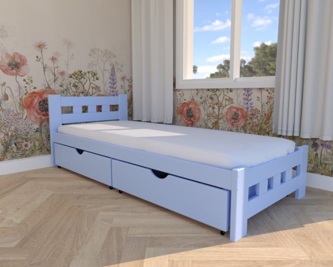 Łóżko dziewczęce Paweł Premium,klasyczne łóżko drewniane z szufladami na pościel, łóżko z materacem od producenta Valor Meble kolor błękitny.jpg