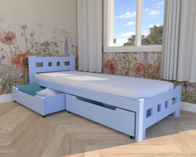 Łóżko młodzieżowe Paweł Premium,klasyczne łóżko drewniane z szufladami na pościel, łóżko z materacem od producenta Valor Meble kolor błękitny.jpg