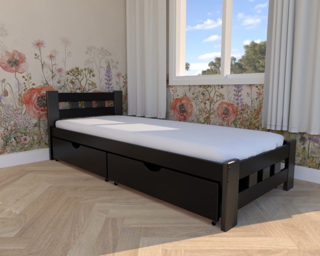łóżko chłopięce Paweł Premium, klasyczne czarne łóżko do pokoju dzieci,łóżko z solidnymi drewnianymi szufladami na pościel,łóżko z materacem od Valor.jpg