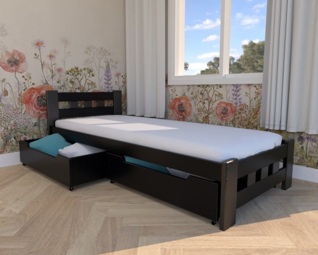 łóżko dla dziewczynPaweł Premium, klasyczne czarne łóżko do pokoju dzieci,łóżko z solidnymi drewnianymi szufladami na pościel,łóżko z materacem od Valor.jpg