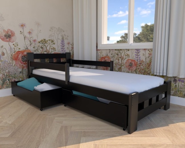 łóżko dziewczęce Paweł Premium, klasyczne czarne łóżko do pokoju dzieci,łóżko z solidnymi drewnianymi szufladami na pościel,łóżko z materacem od Valor.jpg