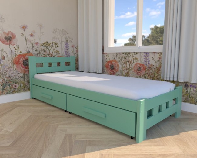 łóżko dla dziewięciolatka Paweł Premium,klasyczne łóżko drewniane w kolorze mięty, łóżko do pokoju dzieci z szufladami na pościel od producenta Valor eble.jpg