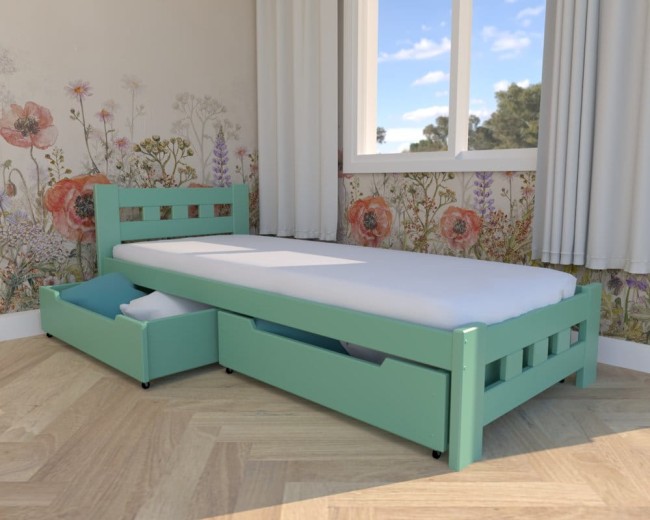 łóżko dla młodzieży Paweł Premium,klasyczne łóżko drewniane w kolorze mięty, łóżko do pokoju dzieci z szufladami na pościel od producenta Valor eble.jpg