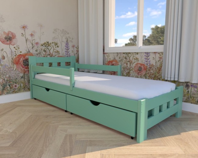 łóżko dla siedmiolatka Paweł Premium,klasyczne łóżko drewniane w kolorze mięty, łóżko do pokoju dzieci z szufladami na pościel od producenta Valor eble.jpg