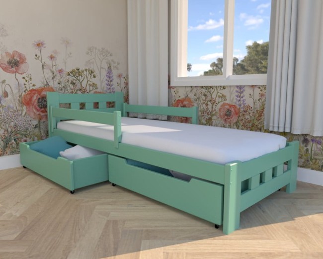 łóżko dla sześciolatka Paweł Premium,klasyczne łóżko drewniane w kolorze mięty, łóżko do pokoju dzieci z szufladami na pościel od producenta Valor eble.jpg