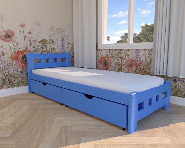 łóżko dla dzieci i młodzieży Paweł Premium, klasyczne drewniane łóżko do pokoju dzieci,niebieskie łóżko z szufadami na pościel od producenta Valor Meble.jpg