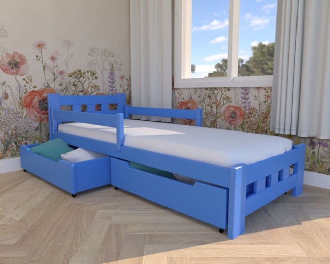 łóżko dla dzieci i młodzieży Paweł Premium,niebieskie klasyczne drewniane łóżko do pokoju dzieci,łóżko z szufadami na pościel od producenta Valor Meble.jpg