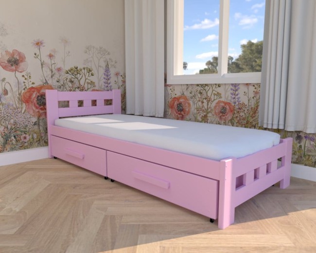 łóżko dla dziewczynki Paweł Premiu,klasyczne drewniane łóżko w kolorze pastelowego różu idealne do pokoju księzniczki, szuflady na pościel od producenta.jpg