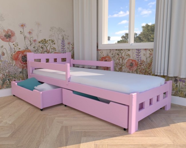 łóżko dziewczęce Paweł Premiu,klasyczne drewniane łóżko w kolorze pastelowego różu idealne do pokoju księzniczki, szuflady na pościel od producenta.jpg