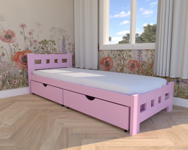 różowe łóżko dla dziewczynki Paweł Premiu,klasyczne drewniane łóżko idealne do pokoju księzniczki, szuflady na pościel od producenta  Valor Meble.jpg