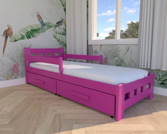 różowe łóżko dla dziewczynki Paweł Premium, klasyczne łóżko z barierką do pokoju księżniczki małej i dużej,solidne szufady na pościel od producenta Valor Meble.jpg