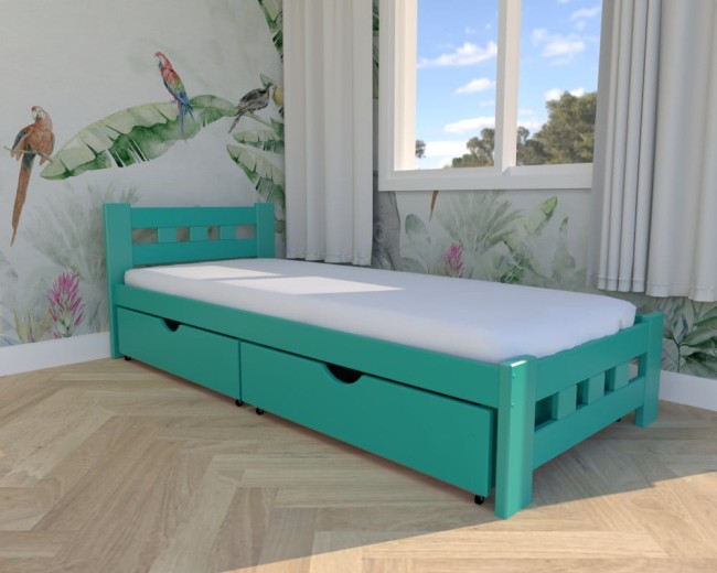 łóżko dla dziewczynki Paweł Premium,klasyczne łóżko drewniane do pokoju dzieci,solidne szuflady na pościel od producenta Valor Meble kolor turkus.jpg
